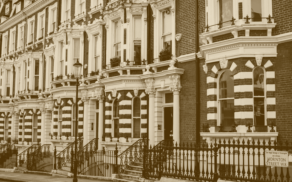 A terrace of insured houses, printed in one ink.
