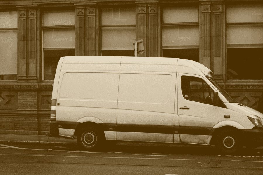 A works van at the kerb, printed in one ink.